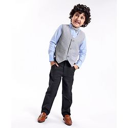 Babyhug Cotton Woven Full Sleeves Party Suit with Dobby Waistcoat & Bow - Light Blue & Grey