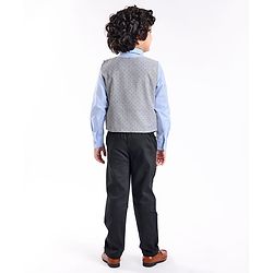 Babyhug Cotton Woven Full Sleeves Party Suit with Dobby Waistcoat & Bow - Light Blue & Grey