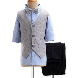 Babyhug Cotton Woven Full Sleeves Party Suit with Dobby Waistcoat & Bow - Light Blue & Grey