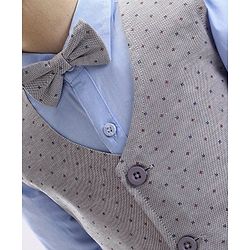 Babyhug Cotton Woven Full Sleeves Party Suit with Dobby Waistcoat & Bow - Light Blue & Grey