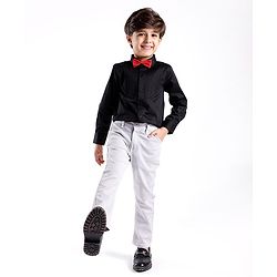 Babyhug Cotton Lycra Woven Full Sleeve Solid Shirt with Bow Applique - Black