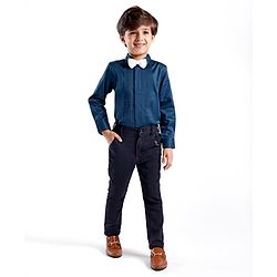 Babyhug Cotton Woven Full Sleeves Party Wear Solid Color Shirt with Bow - Blue