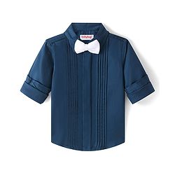 Babyhug Cotton Woven Full Sleeves Party Wear Solid Color Shirt with Bow - Blue