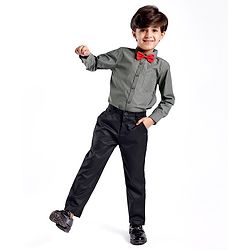 Babyhug Cotton Knit Full Sleeves Striped Shirt & Trouser With Bow - Black