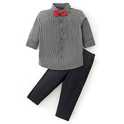 Babyhug Cotton Knit Full Sleeves Striped Shirt & Trouser With Bow - Black