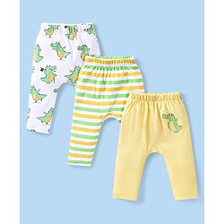 Babyhug Interlock Knit Full Length Diaper Pants Striped & Dino Print Pack of 3 - Multicolour