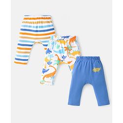 Babyhug Cotton Knit  Full Length Striped Diaper Leggings with Animal Print Pack of 3 - Multicolour