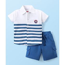 Babyhug Cotton Knit Half Sleeves Striped Shirt & Shorts Set - White & Blue