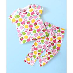 Babyhug Single Jersey Knit Half Sleeves Fruits Printed Night Suit - White