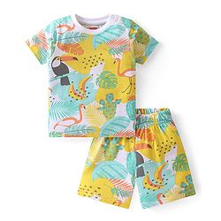 Babyhug Cotton Knit Half Sleeves Night Suit With Tropical Theme - Multicolor