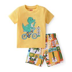 Babyhug Single Jersey Knit Half Sleeves Night Suit With Dino Print - Yellow