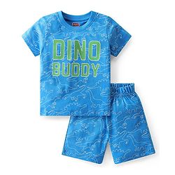 Babyhug Single Jersey Knit Half Sleeves Night Suit With Dino Print - Blue