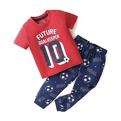 Babyhug Single Jersey Knit Half Sleeves Night Suit with Football Print - Red & Navy Blue
