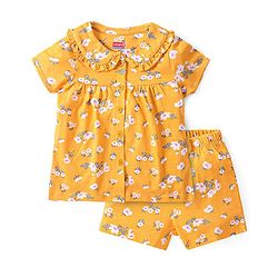Babyhug Cotton Knit Single Jersey Half Sleeves Night Suit With Floral Print - Yellow
