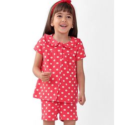 Babyhug Cotton Knit Single Jersey Half Sleeves Night Suit With Polka Dots Print - Red