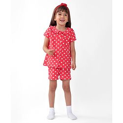 Babyhug Cotton Knit Single Jersey Half Sleeves Night Suit With Polka Dots Print - Red
