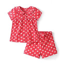 Babyhug Cotton Knit Single Jersey Half Sleeves Night Suit With Polka Dots Print - Red