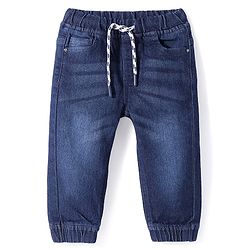 Babyhug Cotton   Denim Full Length Washed Stretchable Solid Joggers - Dark Blue