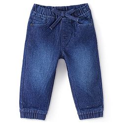 Babyhug Full Length Stretchable Denim Washed Joggers with Bow Detailing  - Navy Blue