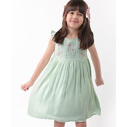Babyhug Woven Frill Sleeves Floral Embroidery Frock - Mint