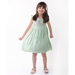 Babyhug Woven Frill Sleeves Floral Embroidery Frock - Mint