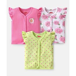 Babyhug 100% Cotton Knit Frill Sleeves Polka Dots & Floral Printed Antibacterial Front Open Vests Pack of 3 - Pink & Green