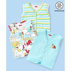 Babyhug 100% Cotton Antibacterial Sleeveless Vests Dino & Vehicle Print Pack of 3 - Blue