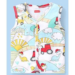 Babyhug 100% Cotton Antibacterial Sleeveless Vests Dino & Vehicle Print Pack of 3 - Blue