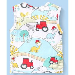 Babyhug 100% Cotton Antibacterial Sleeveless Vests Dino & Vehicle Print Pack of 3 - Blue