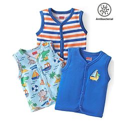 Babyhug 100% Cotton Antibacterial  Sleeveless Vests Striped & Animal Print Pack of 3 - Multicolour