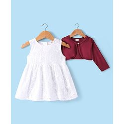 Babyhug Woven Frock with Full Sleeves Jacket Floral Embroidery - White
