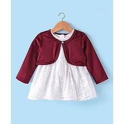 Babyhug Woven Frock with Full Sleeves Jacket Floral Embroidery - White