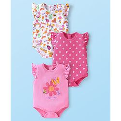 Babyhug 100% Cotton Knit Frill Sleeves Floral & Bugs Printed Onesies Pack of 3 - Pink & White