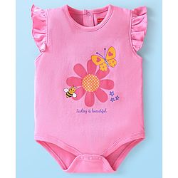 Babyhug 100% Cotton Knit Frill Sleeves Floral & Bugs Printed Onesies Pack of 3 - Pink & White