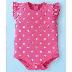 Babyhug 100% Cotton Knit Frill Sleeves Floral & Bugs Printed Onesies Pack of 3 - Pink & White