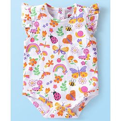 Babyhug 100% Cotton Knit Frill Sleeves Floral & Bugs Printed Onesies Pack of 3 - Pink & White