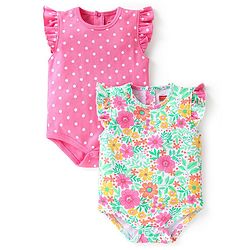 Babyhug 100% Cotton Knit Half Sleeves Onesies Floral Print Pack of 2 - Multicolour