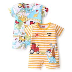 Babyhug 100% Cotton Knit Half Sleeves Romper With Dino Print Pack of 2  - Multicolor
