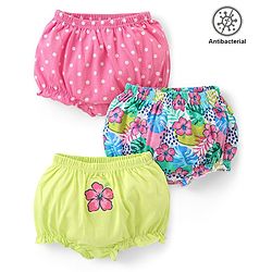 Babyhug 100% Cotton Antibacterial Bloomers Polka Dots and Floral Print Pack of 3 - Pink & Green