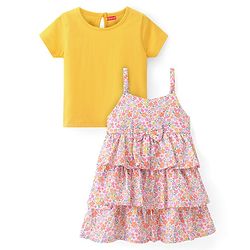 Babyhug Woven Floral Printed Layered Frock with Half Sleeves T-Shirt - Multicolor