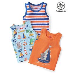 Babyhug 100% Cotton Antibacterial Sleeveless Sando with Elephant & Boat Print Pack Of 3 - Blue & Orange