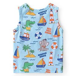 Babyhug 100% Cotton Antibacterial Sleeveless Sando with Elephant & Boat Print Pack Of 3 - Blue & Orange