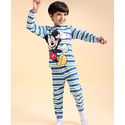 Babyhug Disney Cotton Single Jersey Knit Full Sleeves Striped Night Suit Mickey Mouse Print - Blue