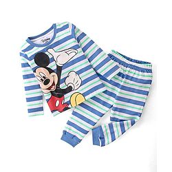 Babyhug Disney Cotton Single Jersey Knit Full Sleeves Striped Night Suit Mickey Mouse Print - Blue