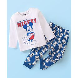 Babyhug Disney Cotton Knit Full Sleeves Night Suit With Mickey Mouse Graphics - White & Blue