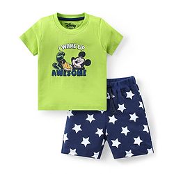 Babyhug Disney Cotton Knit Half Sleeves Shorts Night Suit With Mickey Mouse Graphics - Light Green & Blue