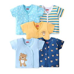 Babyhug 100% Cotton Knit Half Sleeves Front Open Vests Stripes & Bear Print Pack of 5 - White Yellow & Blue