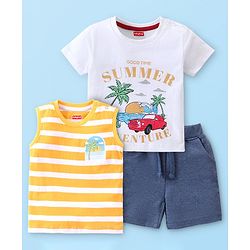 Babyhug Single Jersey Knit Half Sleeves T-Shirts & Shorts Set with Beach Theme Print - White Yellow & Blue