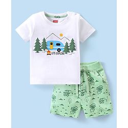 Babyhug 100% Cotton Knit Single Jersey Half Sleeves T-Shirt & Shorts With Mountain Theme Print - White & Green