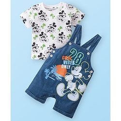 Babyhug Disney 100% Cotton Knit Dungaree & Half Sleeves T-Shirt With Mickey Mouse Print - White & Blue
